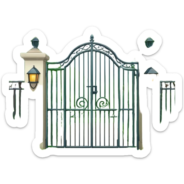 house entrance with iron gate and fence surrounded by lush green plants and bushes sticker