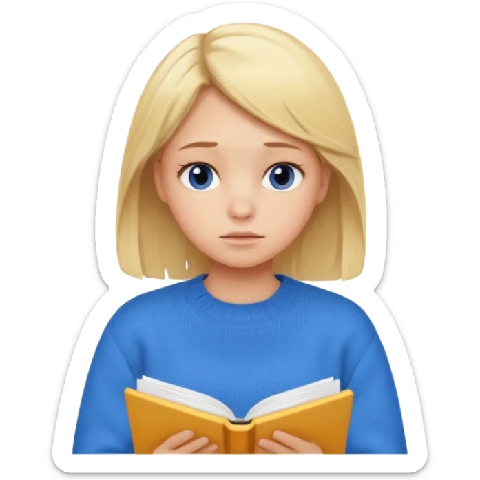 blonde girl in a blue sweater with a tired look studies lessons emoji ios 18.1 sticker