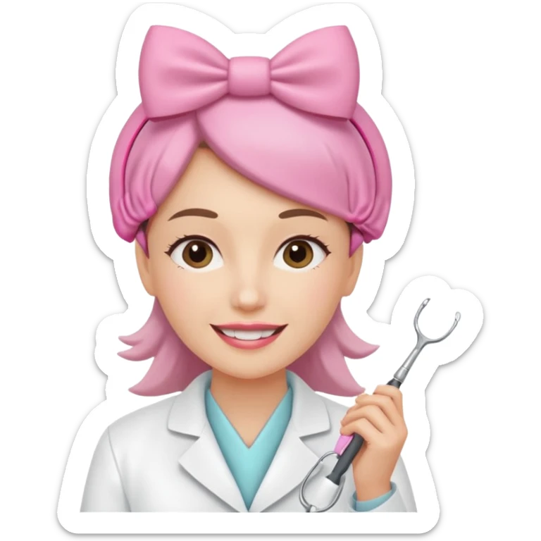 oji style illustration of a female dentist, friendly and smiling, wearing a white coat, with a small pink bow on her head, representing oral cancer awareness, caring and healing, soft colors, simple design, flat illustration, white background. sticker