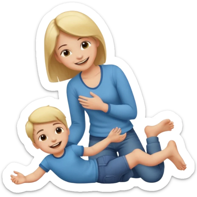 A girl smiling and standing near a little boy, he is on the floor laughing, she wiggling her toes between his thighs tickling him sticker