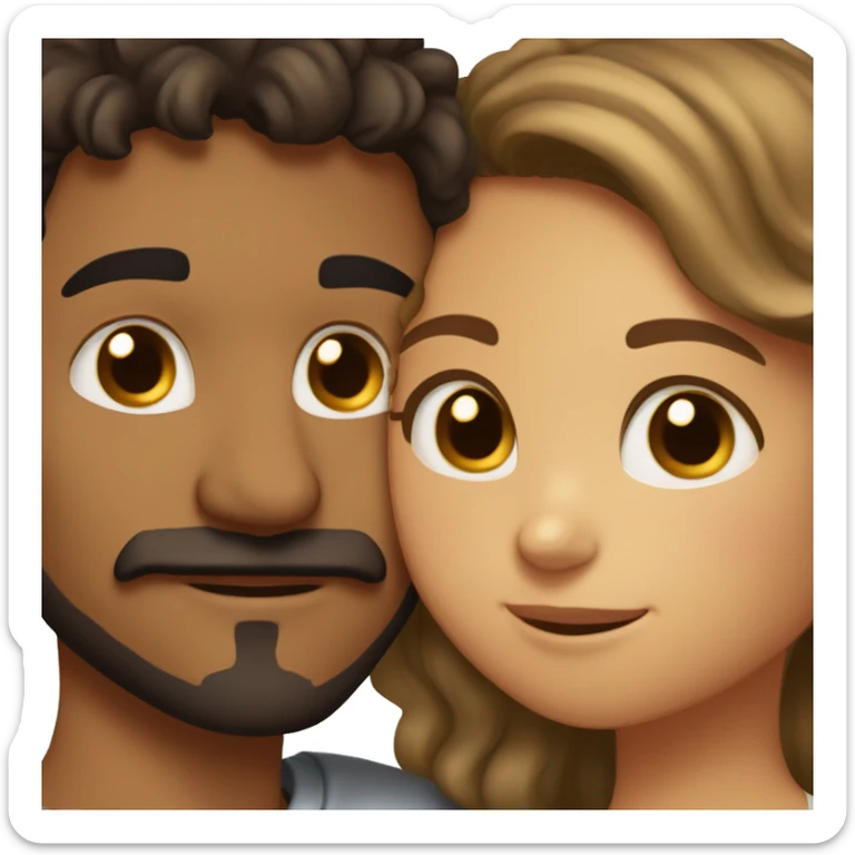 Girl with dark hair, hazel eyes and tan skin hugging a boy with brown curly hair, brown eyes and a mustache and goatee sticker