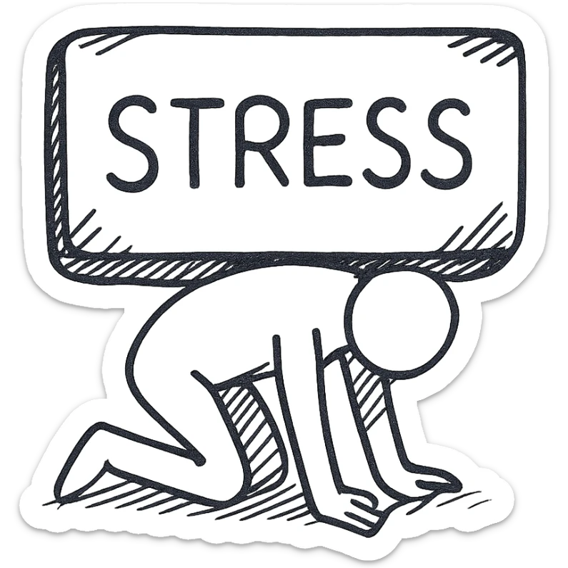 hand drawn outline of a person under a heavy weight labeled 'stress' sticker