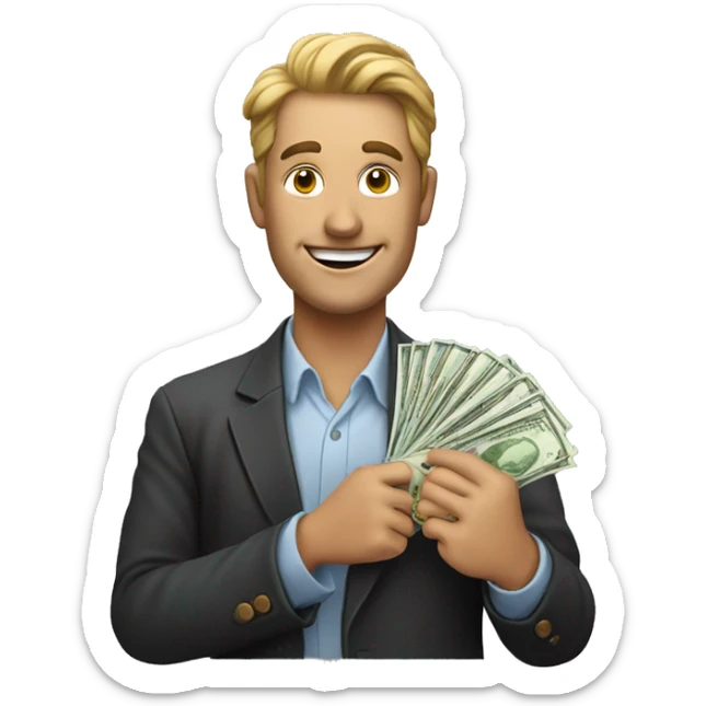 HEAD OF A MAN who looks happy, in his hand he holds money that he is wanting to offer for a sale purchase sticker