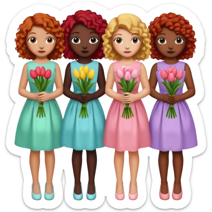 5 girls at a garden party wearing pastel dresses and holding tulips, one is black, one is blond, one has brown hair, one has red hair, the last one is has curly hair sticker