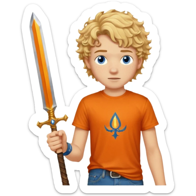 20 year old boy with curly blond hair and blue eyes with freckles wearing an orange no blue “Camp Halfblood” tshirt with the official percy jackson camp halfblood logo on it and blue jeans have him swinging a gold sword  sticker