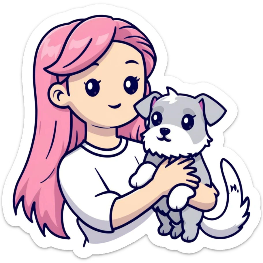 Girl with long flowing pink hair holding a white schnauzer dog sticker