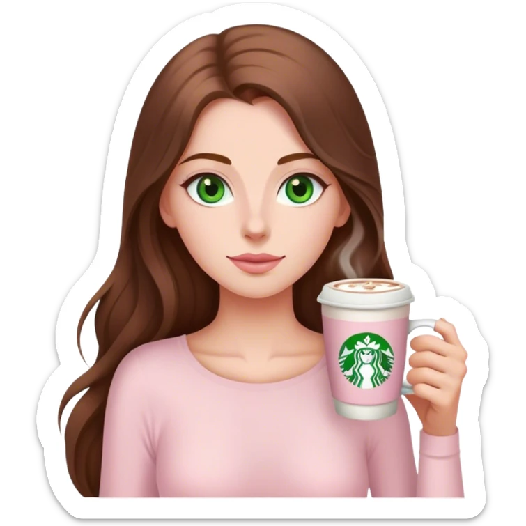 pretty woman with very long brown hair and green eyes and light pink outfit drinking a latte sticker
