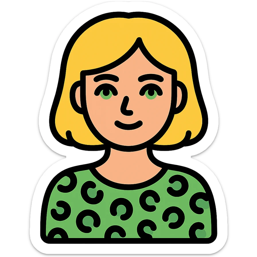 A blonde woman with green eyes and a bob haircut, wearing a green leopard print blouse sticker