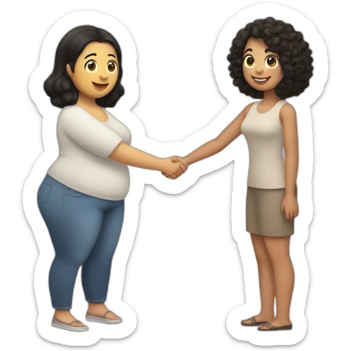 tan chubby woman with black curly hair shakes hands with a chubby pale woman who has straight light brown hair sticker