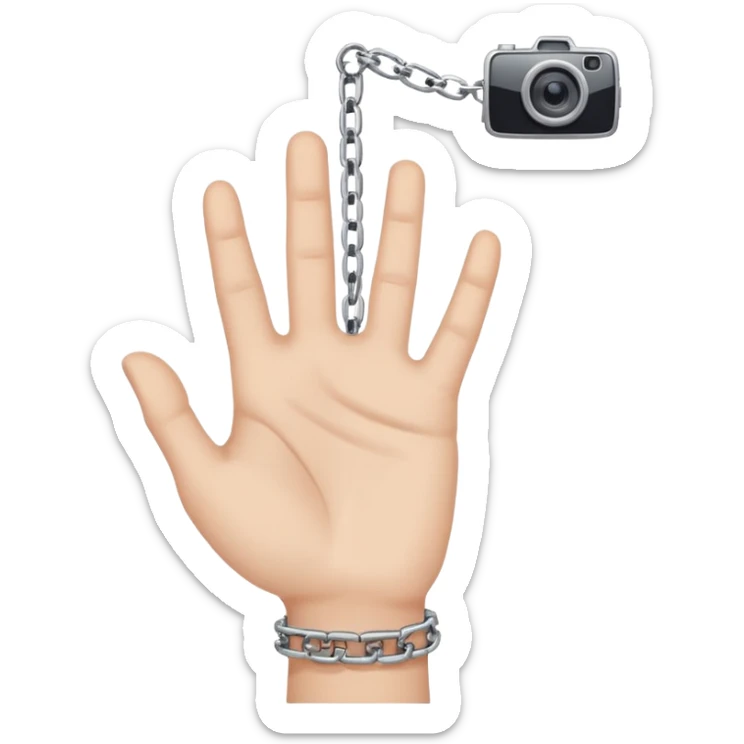 Minimalist emoji-style sticker of a human hand bound by a chain leading to a video camera. Icon-like, clean silhouette, muted tones. sticker