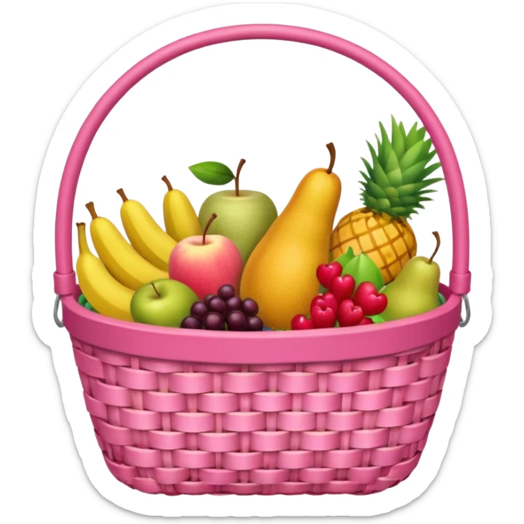 Food Basket, Pink basket, plaid lining, with both food, drink and fruits sticker