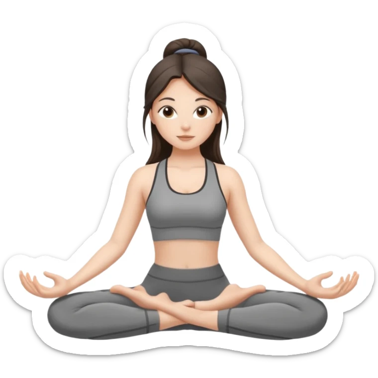 a brunette girl doing yoga, she is wearing a grey fit and she has dark long and loose hair.  sticker