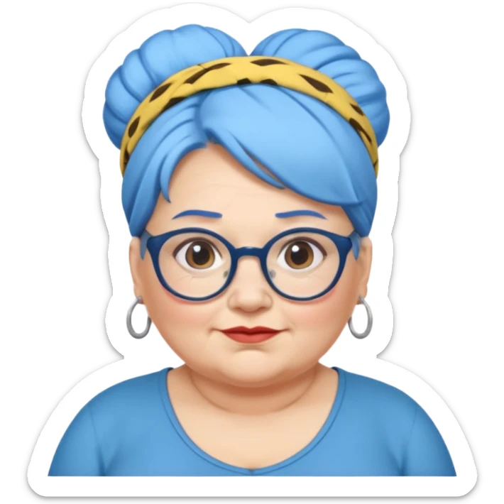 fat old woman with blue big bun hair and glassess and headband sticker