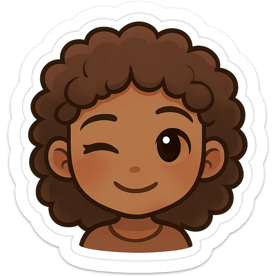chibi emoji of a female with curly hair and brown skin, winking expression sticker