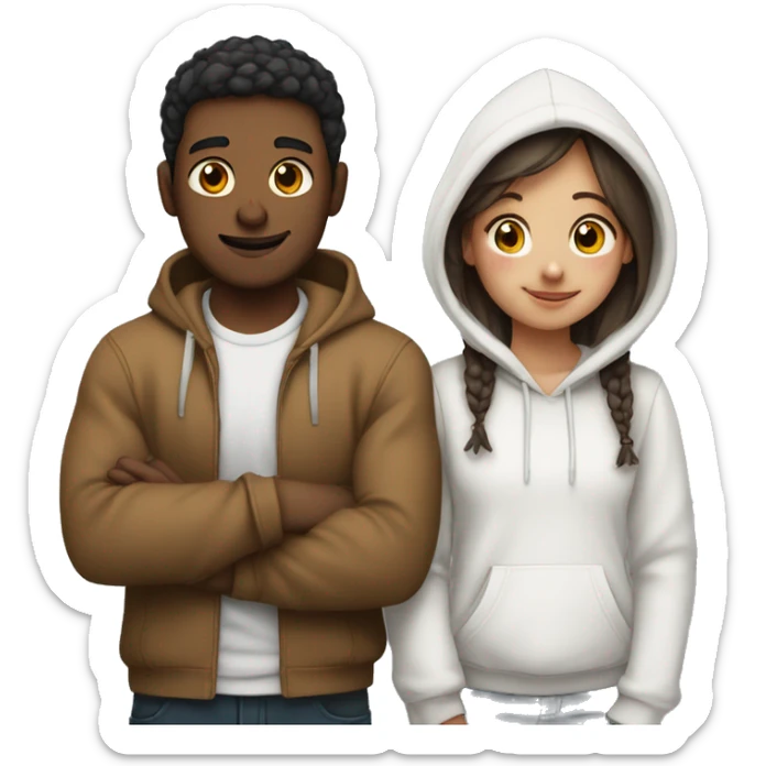 An emoji of a man wearing a white hoodie, standing next to his sister. He is hugging her warmly, showing a close sibling bond sticker