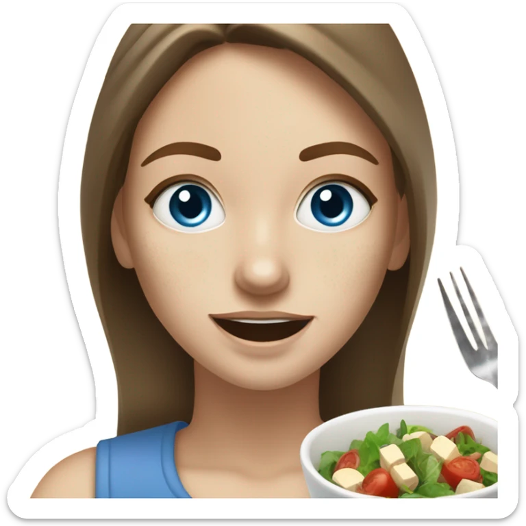 White girl Brown hair blue eyes freackles eating Tofu salad with fork sticker