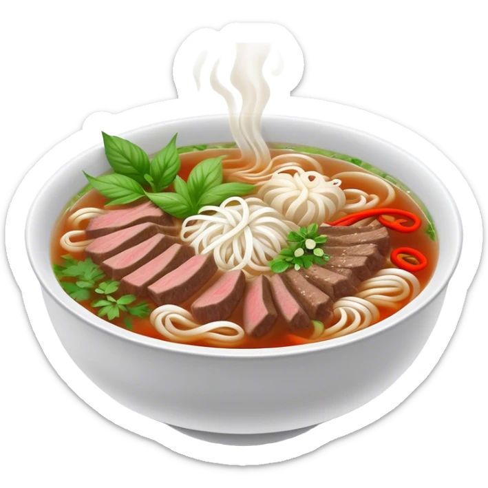 Cinematic Realistic Pho Dish Emoji, depicted as a steaming bowl of aromatic beef noodle soup with herbs rendered with lifelike textures and vibrant, warm lighting. sticker