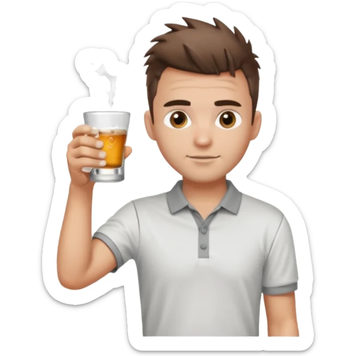 Handsome male.short messy brown hair.mowhawk hairstyle. wearing white golf shirt.grey shorts. Cheersing with a shot glass sticker
