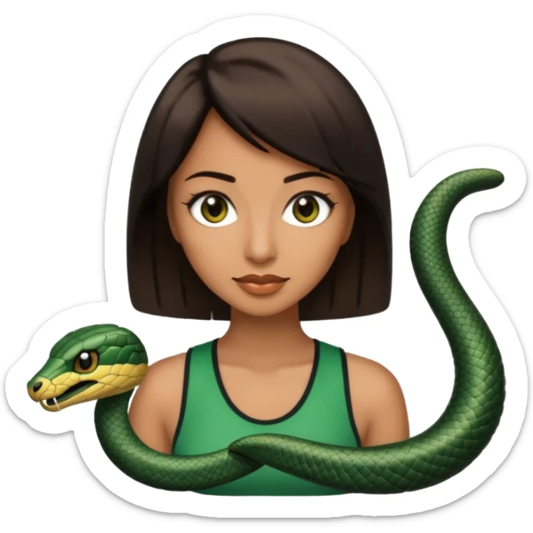 Femme brune yeux marron avec une coupe carré noir , femme couleur de peau typé, avec un cobra a côté , sticker