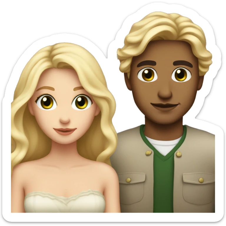 Romantic gaze between Lovers - she is a blondie with long wavy Hair and brown eyes and he is tall, dark haired with green eyes - both have fair skin  sticker