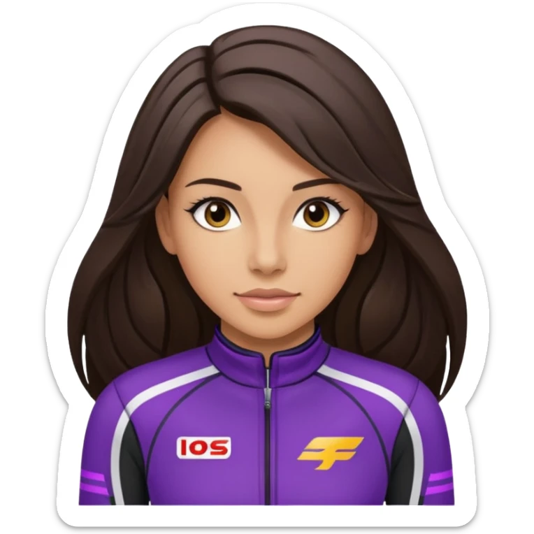 brunette long hair woman with black racing outfit with single purple strips sticker