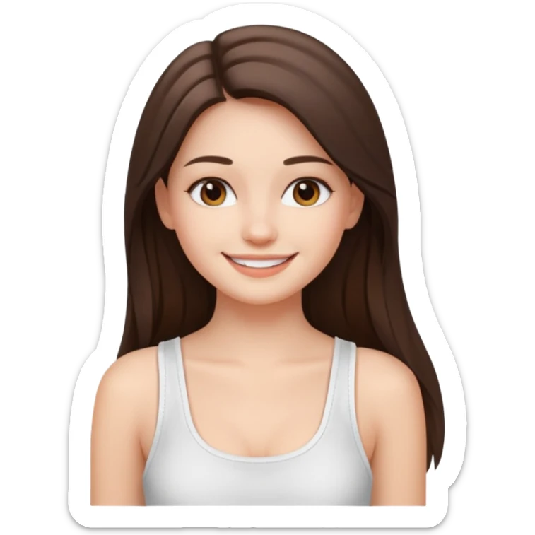 a pretty bratz fair girl with straight brunette long hair, middle partition. wearing a white thin strap trap tank top, smiling, wearing light makeup. very pretty. sticker