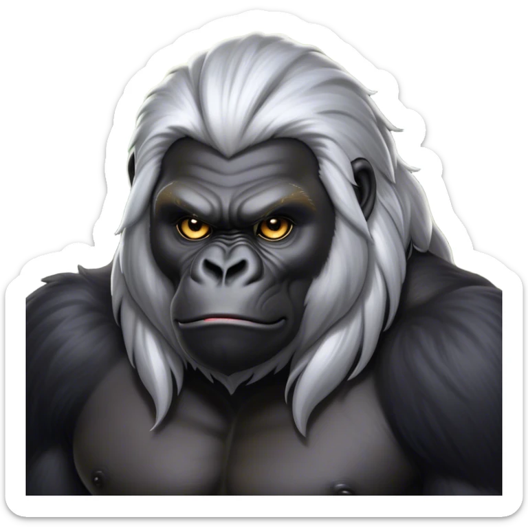Cinematic Noble mountain Gorilla Portrait Emoji, Poised and majestic, with a powerful, muscular frame accentuated by a distinguished silver mane and piercing, wise eyes, Simplified yet sharp and sophisticated features, highly detailed, glowing with a soft, regal jungle glow, high shine, intelligent and commanding, stylized with an air of imperial strength, focused and resolute, soft glowing outline, capturing the essence of a watchful guardian that feels as though it could step out of the screen with effortless authority! sticker