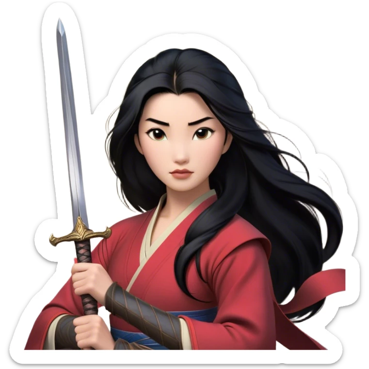 Cinematic Realistic Mulan Portrait, depicted with lifelike skin texture, soft natural lighting, and intricately detailed long black hair styled elegantly. Her deep, expressive eyes exude determination and grace, complemented by a serene yet confident expression. She stands with one hand resting on the hilt of her sword, the other by her side, exuding strength and poise. She is dressed in her classic attire, with rich fabric textures and delicate folds that catch the light beautifully. The portrait features a soft, enchanting glow with a natural, radiant finish, capturing the essence of timeless strength and beauty in a realistic and painterly style, evoking a sense of depth and authenticity. sticker