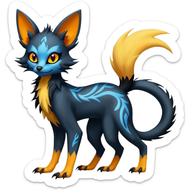 Lykoi-Fennekin-Electrike-Luxray-fusion-hybrid-animal-Fakémon-creature, full body, thin long sleek scaly tail, intricate markings sticker