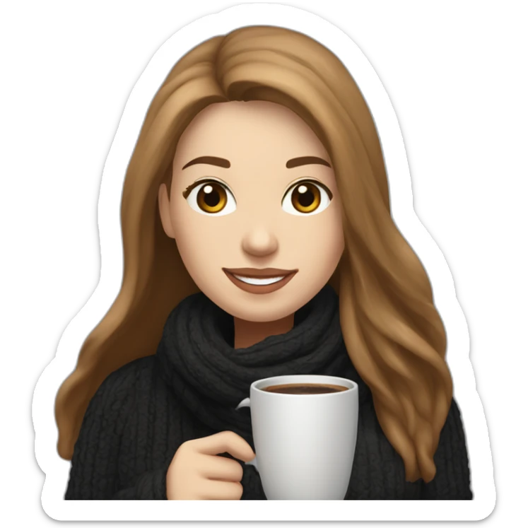 eyes closed smiling woman with pale skin middle brown long straight hair with a laptop and a large coffee mug wearing a black woolly shirt and a black woolly scarf sticker