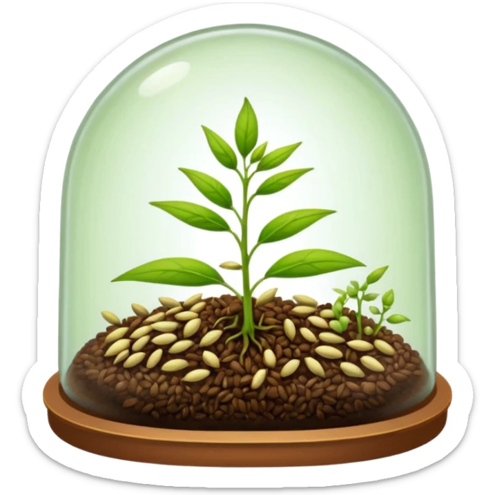 a pile of seeds at the right side and a germinating seed under a glass dome near . Transparent background sticker