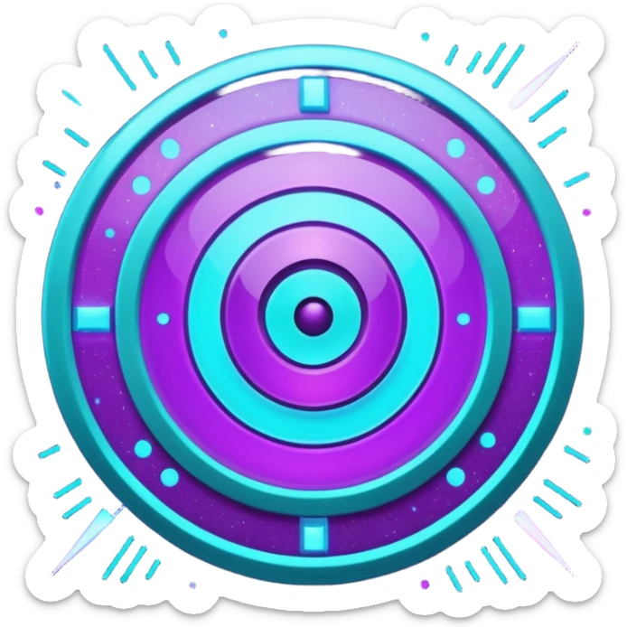 Futuristic glowing bullseye target emoji, neon purple and cyan holographic glow, dark background, digital tech style, abstract sparkles, no face. sticker