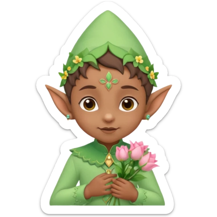Tiny elf baby brown skin with pointy ears and hat, pastel green outfit, hold flowers sticker