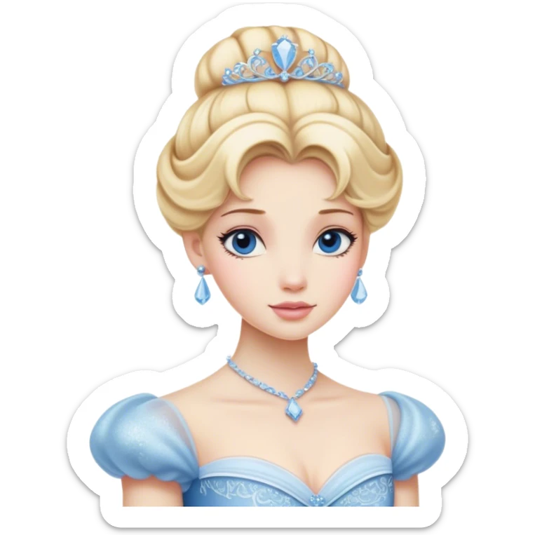Cinematic Realistic Cinderella Portrait, depicted with lifelike porcelain skin, elegantly styled blonde hair, and a serene, graceful expression. Dressed in her classic ball gown with intricately detailed fabric textures and delicate pastel hues that catch soft, natural lighting, this portrait captures the timeless beauty of a fairy tale princess. sticker