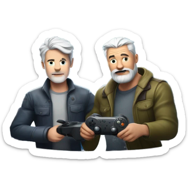 Behind a Futuristic fortnite background make a man with a pale skin person with Grey hair and facial hair in their 40s with a game controller playing a game on a TV sticker