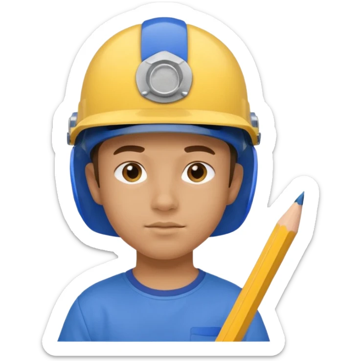 Kid with a blue helmet,has a pencil in his nose and has a yelliw shirt sticker