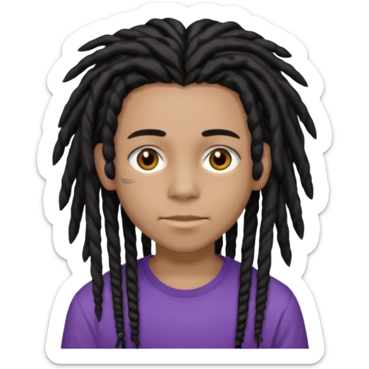 light black teen with black dreads in a middle part with brown eyes and purple shirt sticker