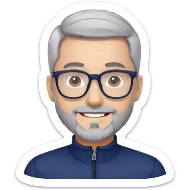 Smiling man with light skin, short black hair, gray beard, black glasses, wearing a navy blue athletic zip-neck long sleeve shirt sticker