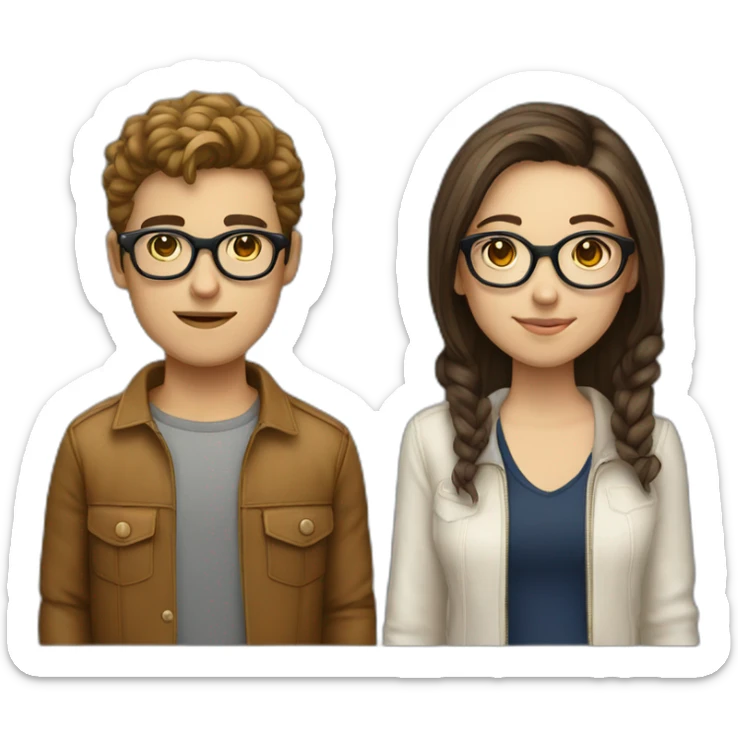 italian young cool couple brown hairs and white skin, the boy with rounded glasses, the girl is a model sticker