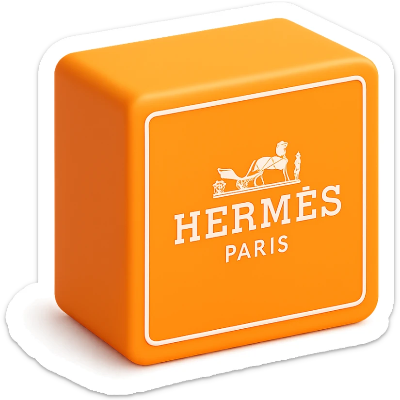 Add the Hermès logo to the center of the 3D orange box, maintaining the same square shape and proportions. The logo should be clean, elegant, and minimal. Use a white or transparent background. sticker