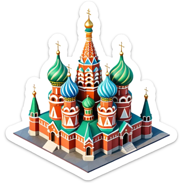 Isometric illustration of photorealistic Saint Basil's Cathedral with colorful onion domes, highly detailed in semi-realistic style, sharp outlines, subtle surface textures, balanced between stylized and realistic, 3D miniature effect with a slight hand-painted touch, no cartoonish look. sticker