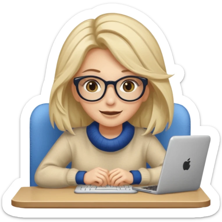 ragazza bionda sorridente con capelli lunghissimi, con occhiali tartarugati, occhi azzurri, con maglione beige, seduta alla scrivania che lavora al pc sticker