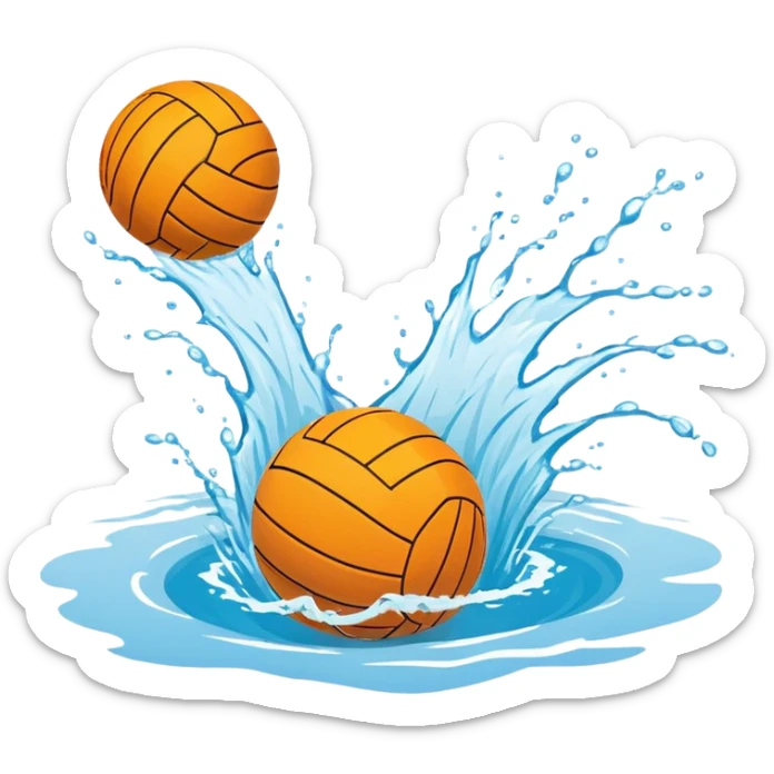 An icon showing a water polo ball floating on the surface of a pool, with a goal frame in the background, and water splashing around. The design captures the intensity of the game with visible ripples on the water. Transparent background highlights the excitement of water polo. sticker