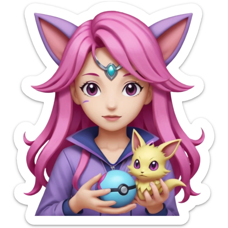 Female pokemon trainer with long pink hair, posed holding a pokeball and her espeon by her side  sticker