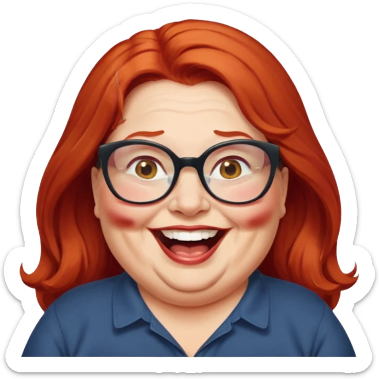 obese; older 50's ; long red hair ; women hazel eyes; glasses ; laughing sticker