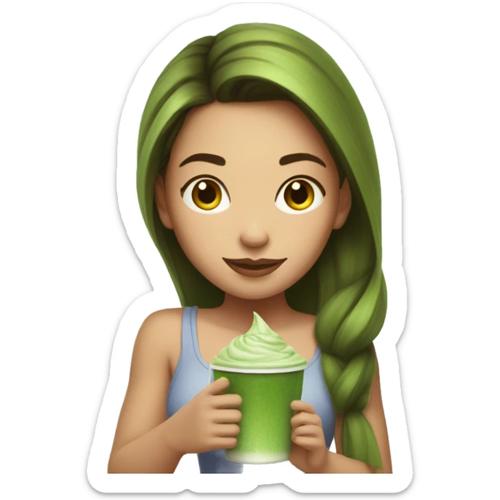 Beautiful girl with brawn hair holding cup of iced matcha  sticker