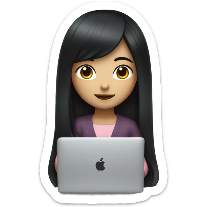 Japanese girl with long black hair sitting with a macbook show halfbody only sticker