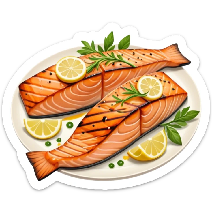 Cinematic perfectly grilled salmon, rich orange hues with crispy skin, garnished with fresh herbs, drizzled with lemon, ultra-detailed and delicious. sticker