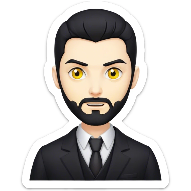 vampire man with black hair and a black beard with yellow eyes wearing a black suit sticker