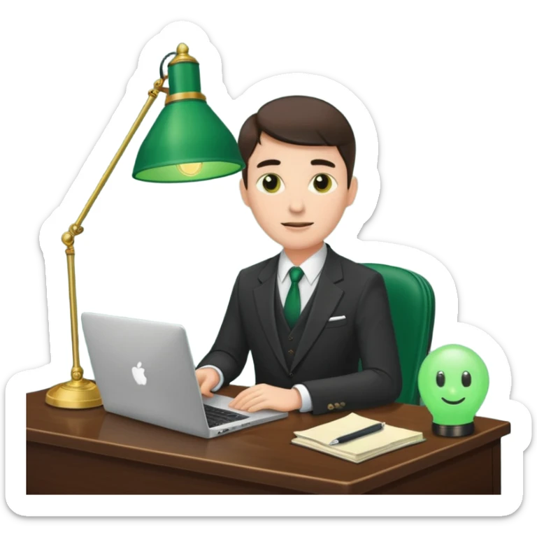 Mach mir einen Trader mit Anzug der mit seinem Laptop am schreibtisch sitzt mit so einer alten grünenlampenschirm lampe sticker